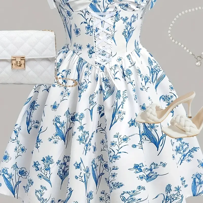Women's Blue &amp; White Floral Print Cross Tie Waist Dress - Sweetheart Neckline, Fitted Bodice &amp; Flared Skirt, Machine Washable Summer Holiday Dress for Beach Vacations, Garden Parties, Casual Outings, Cute Summer Dresses, Quality Fabric Construction - Main view showing full design