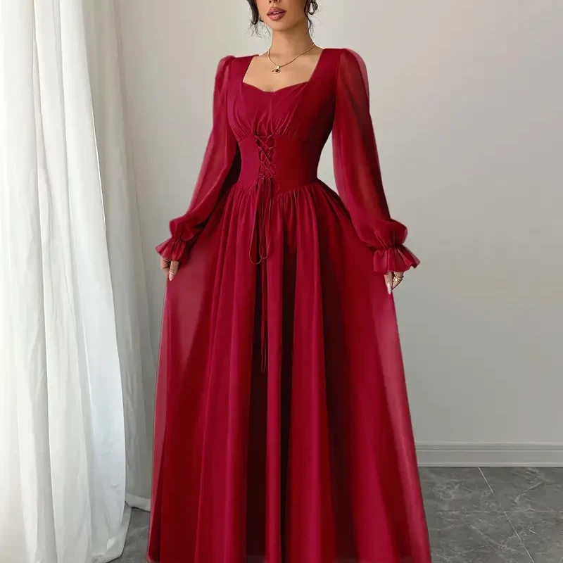 Elegant Light Blue Chiffon Maxi Dress with Ruffle Sleeves, Front Tie Waist, and Chest Detail - Flowy A-Line Silhouette for Women, Perfect for All Seasons, Allseason Dress | Ruched Chest Detail | Chiffon Fabric, Cute Dresses - Main view showing full design