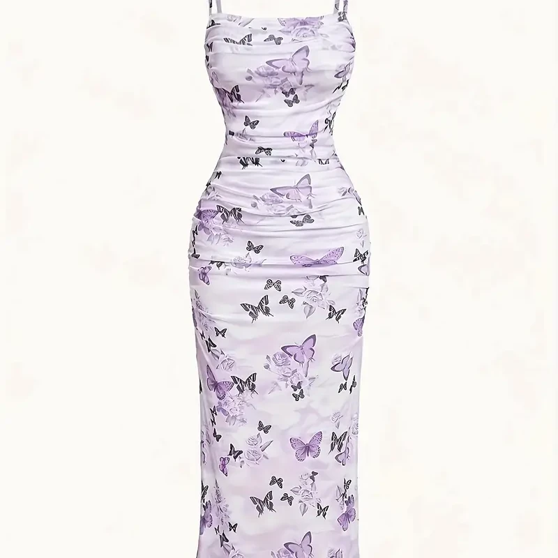 Women'S Off-Shoulder Butterfly Print Bodycon Dress - Romantic Pink with Floral Accents, Perfect for Spring and Summer, Allseason Dress|Playful Print|Strapless Design - Main view showing full design