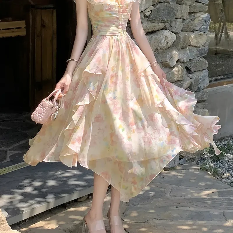 Women's Elegant Off-the-Shoulder Floral Maxi Dress with Puff Sleeve &amp; A-Line Silhouette - Pastel Pink &amp; Mint Green Ruffled Hem, Lightweight Breathable Fabric for Beach Weddings, Garden Parties, Summer Formal Events - Machine Washable Long Dress - Main view showing full design