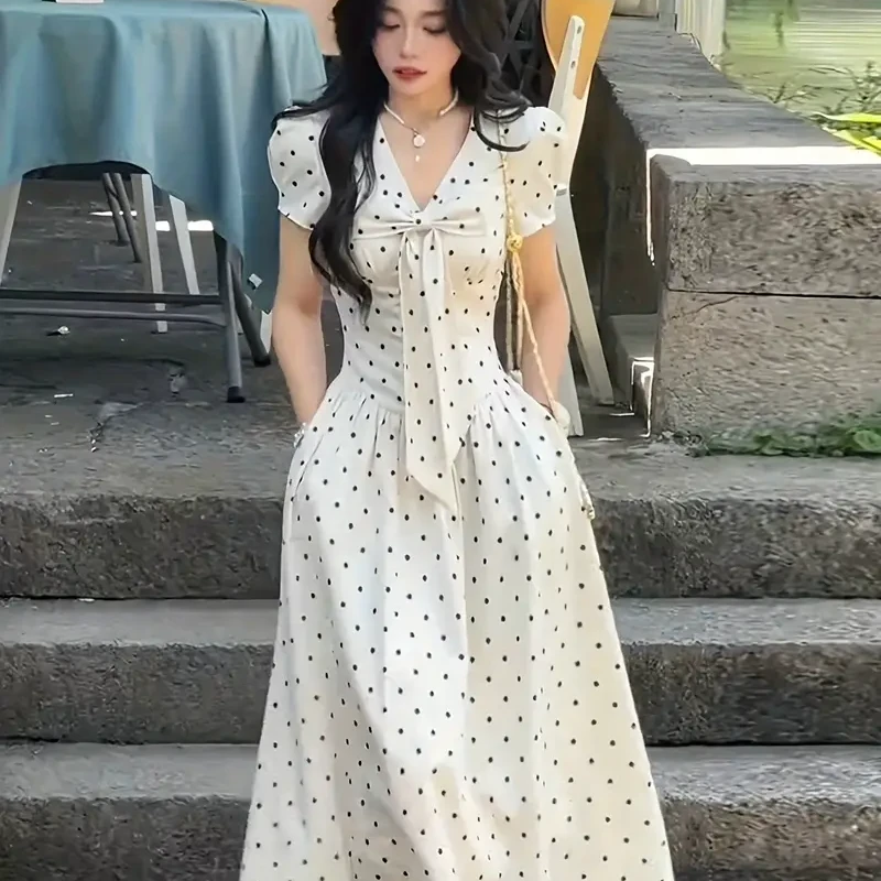 Elegant French-Inspired Polka Dot Bow Tie Dress - Waist, V-Neck, Long A-Line Dress for Women, Perfect for Summer Commute or Casual Outings, Summer Dress | Polka Dot Pattern | Vneck Dress - Main view showing full design