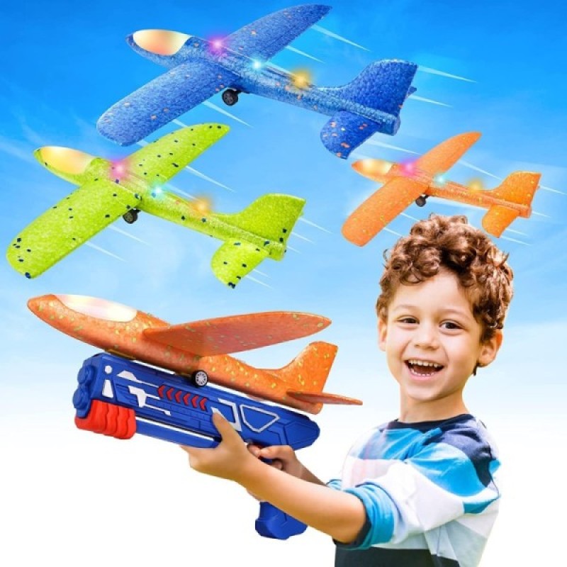Kids Airplane Launcher Toys 12.2'' LED Foam Glider Catapult Gun Plane Toy for Boys Outdoor Flying Toys Birthday Gifts for Boys - Main view showing full design