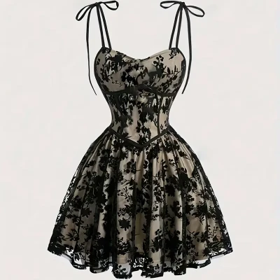 Oriented Lady Flocked Mesh Thin Strap A-Line Skirt Dress