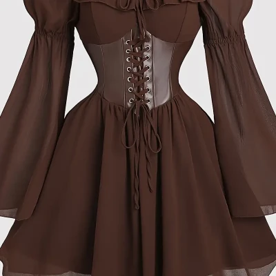 Autumn Pleated A-Line Vintage Dress, Semi-Formal Women's Fall Clothing with Bow Tie Long Sleeve Off-the-Shoulder Belted Waist Slim Fit Commuter Dress, Evening Wear, Office Attire, Offshoulder Design, Elegant Dress, Classic Tailoring, Tailored Fit, Aline Dress, Bow Detail, Professional Women, Fashionforward