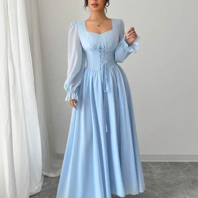 Elegant French-Inspired High-Waist Ruffle Sleeve Dress for Women - Light Blue, Long Sleeve, Flowing A-Line Silhouette, Perfect for Spring/Summer/Fall, Polyester Blend, Machine Washable, Cute Dress