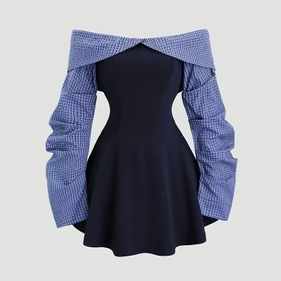 Women'S Elegant Off-Shoulder Color Block Maxi Dress with Ruched Waist - Long Sleeve, A-Line Silhouette, Flared Hem, Perfect for Casual, Office, and Formal Occasions, Formal Attire|Elegant Offshoulder|A-Line Silhouette